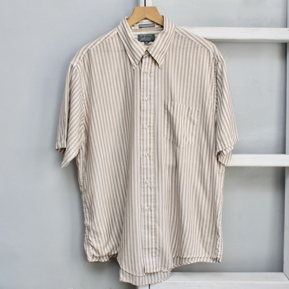 Lord & Taylor Men's VTG Tan Cream Striped Short Sleeve Button-Down Shirt Size XL